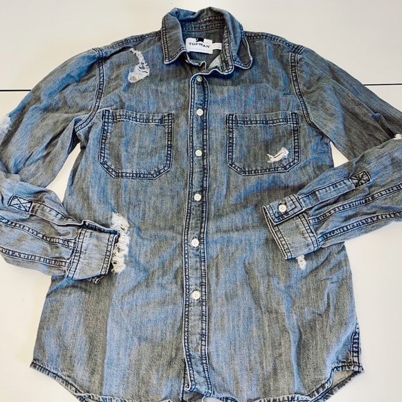 TOPMAN Distressed Gray Denim Button Down MENS Shirt XS - Picture 6 of 8